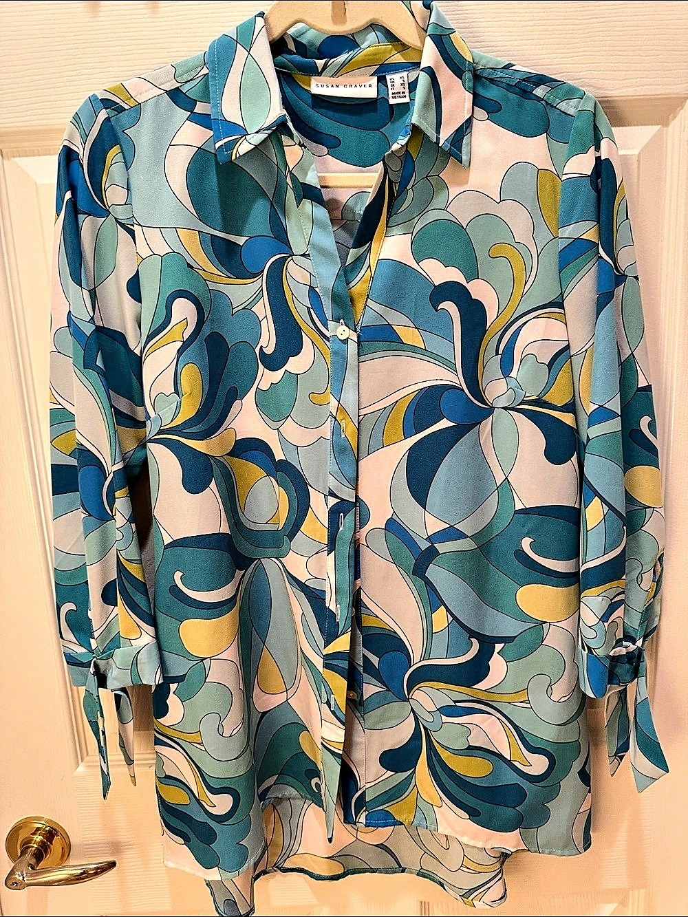 Susan Graver Abstract Print Button Down Blue & Green XS